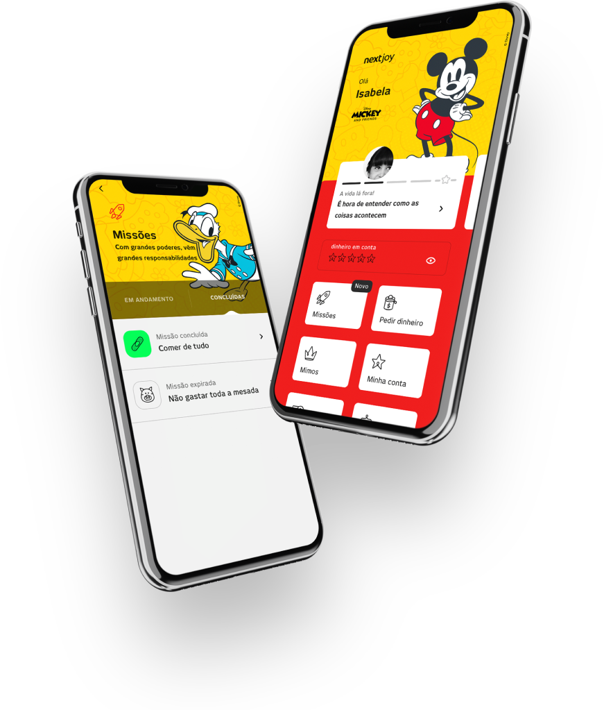 Na foto vemos duas imagens de um celular mostrando o aplicativo do nextJoy, a conta para menores do Banco next.