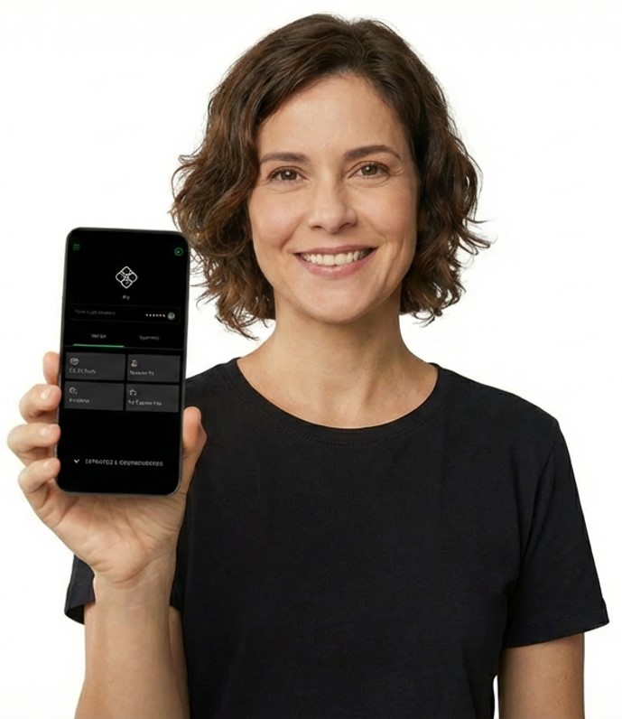 Uma mulher jovem de cabelos castanhos e sorriso grande segura um smartphone com a tela voltada para a frente. Nela, vemos a tela na cor verde mostrando ao meio o logo do next.